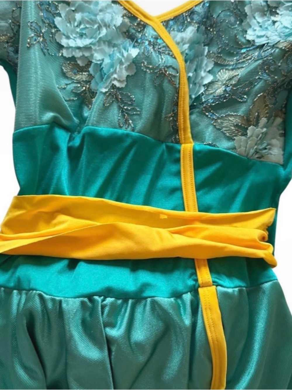 Girls Teal and Yellow Dance Costume with Floral Lace - Picture 2 of 4